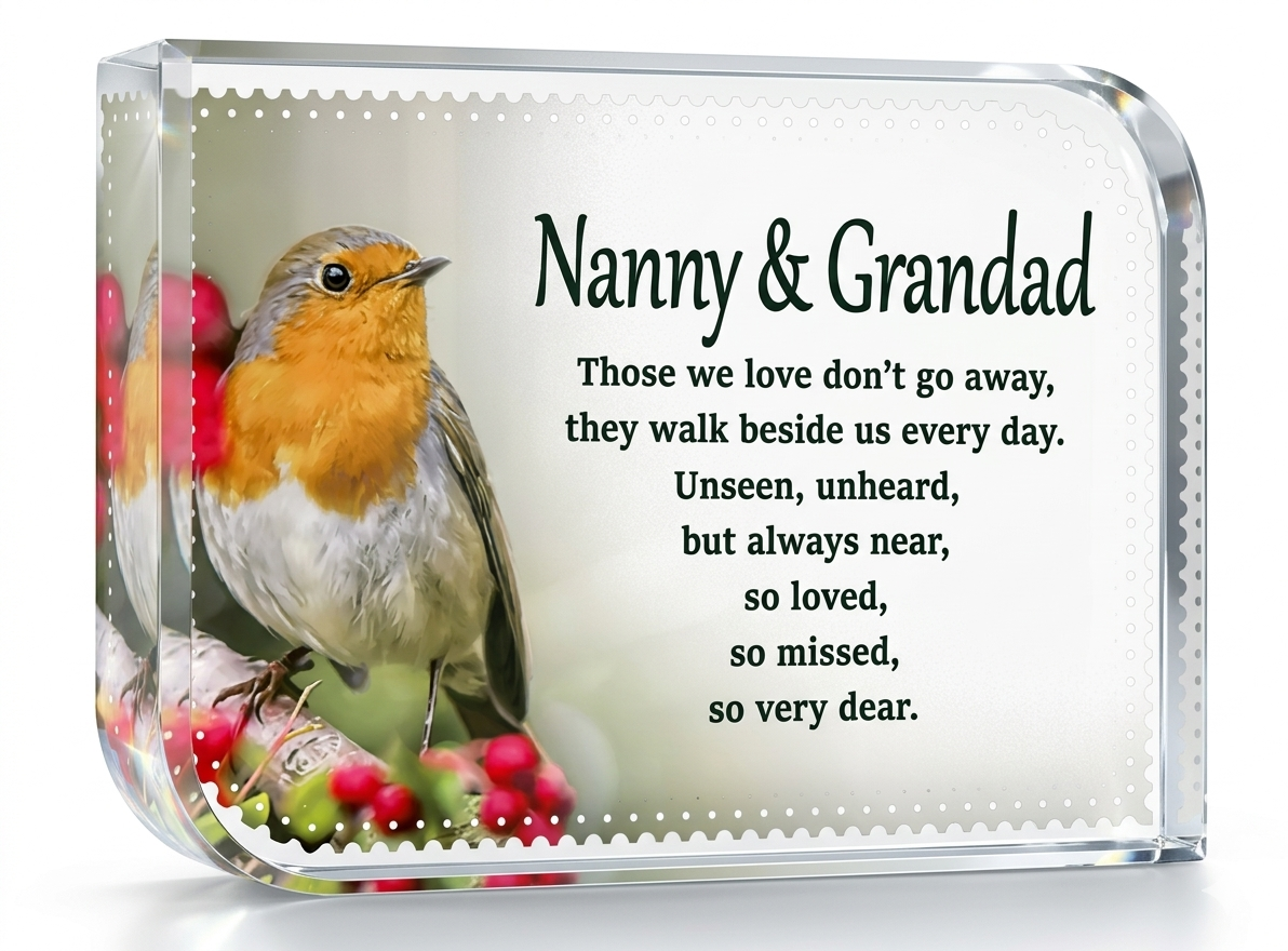 Robin In Memory Crystal - Nanny & Grandad